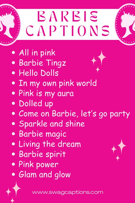 Barbie Captions and Quotes for Instagram Barbie Doll Quotes, Barbie Campaign Ideas, Barbie Username Ideas, Barbie Aesthetic Party Theme, Barbie Quotes Sassy, This Barbie Is Template, Barbie Words, Barbie Captions Instagram, Barbie Names