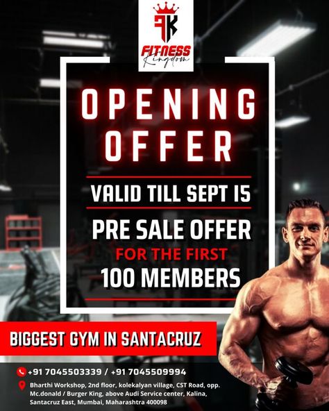 Welcome to our gym, the biggest gym in Santacruz. We have some amazing pre-sales offers for the first 100 members valid till Sep 15/9/2022. Book an appointment today…!!
.
.
For more details 
Contact Us - 7045503339 / 7045509994
. Gym Brochure, Gym Advertising, Fitness Flyer, Gym Poster, Crossfit Gym, Gym Design, Book An Appointment, Brochure Template, Fitness Training