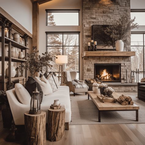 Modern Cabin Great Room, Lodge Home Interior, Modern Farmhouse Lounge Room, Mountain Home Fireplace, Cozy Mountain Home Interiors, Ski House Living Room, Modern Lodge Living Room, Modern Ranch Interior, Modern Mountain Home Interiors