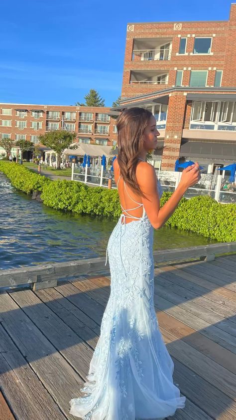 Baby Blue Prom Dress Long, Blue Grad Dresses, Baby Blue Prom Dresses, Blue Lace Prom Dress, Mini Dress Fall, Matric Dress, Matric Dance Dresses, Tight Prom Dresses, Prom Dress Inspo