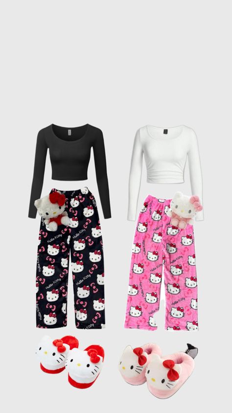 Matching Hellokitty outfit for 2 girl Cute Matching Pjs For Best Friends, Hello Kitty Pjs Matching, Opposite Aesthetic Outfits, Bff Matching Pjs, Matching Bsf Outfit, Hello Kitty Matching Pjs, Best Friends Matching Outfits, Matching Pyjamas Friends, Matching Pjs Friends Pink