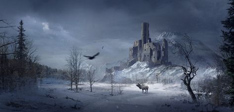 Castle in a snowy forest, Sergey Zabelin on ArtStation at https://www.artstation.com/artwork/3w1EJ Scenery Inspiration, Fantasy Castles, Map Key, Snow Castle, Frozen Castle, Snow Forest, Castle Art, Snowy Landscape, Snowy Forest