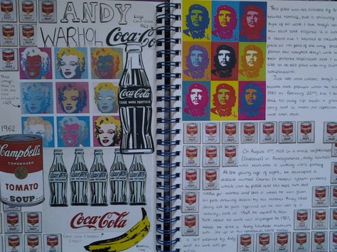 Andy Warhol a students replica Artist Research Pop Art Title Page Ideas, Andy Warhol Gcse Art, Andy Warhol Diaries, Andy Warhol Sketchbook Page, Andy Warhol Gcse Sketchbook, Andy Warhol Research Page, Art Gsce Artist Research, Pop Art Title Page, Pop Art Sketchbook