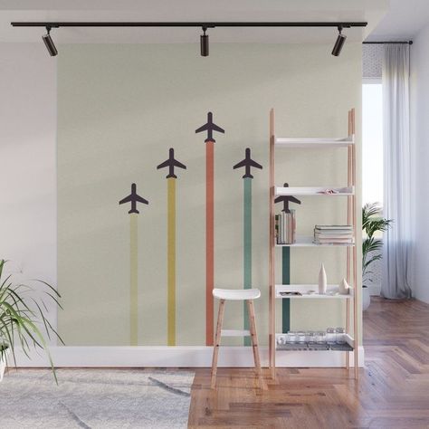 Paper Airplane Nursery, Airplane Themed Room, Airplane Theme Bedroom, Boys Mural Bedroom, Airplane Room Ideas, Airplane Room For Boys, Airplane Toddler Room, Airplane Bedroom Ideas, Aeroplane Bedroom