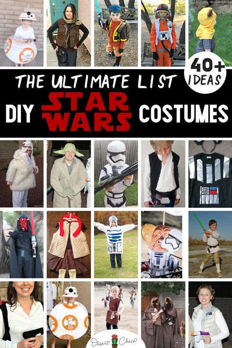 The best DIY Star Wars costumes for women, for kids and for men including how to make easy homemade Han Solo, R2-D2, Chewbacca, Jedi, Ewok, Leia, BB-8, Darth Vader, Yoda, and Luke Skywalker. These simple ideas are great for boys, girls, toddlers, family themes and couples costumes for Halloween or cosplay. Simple Star Wars Costume, Diy Yoda Costume Women, Diy R2d2 Costume Women, Star Wars Diy Costume Women, Easy Diy Star Wars Costume, Women Star Wars Costumes, Womens Star Wars Costume, Diy Star Wars Costume, Star Wars Costumes For Women