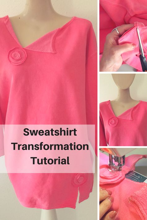 Sweatshirt To Tunic Diy, Upcycle A Sweatshirt, Sweatshirt Refashion Diy Upcycle, Sweatshirt Alterations Ideas, Sweatshirt Redo Diy, Altered Sweatshirts Diy, Sweatshirt Makeover Ideas Diy, Sweatshirt Diy Refashioning, Sweatshirt Alterations