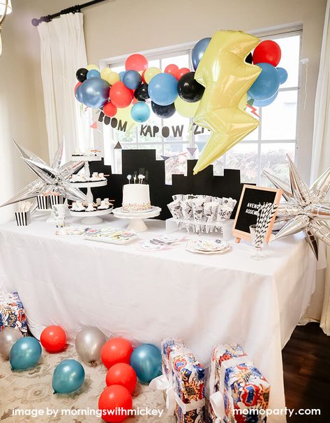 Super Six Birthday Party, Super Hero First Birthday Party Ideas, Vintage Superhero Birthday Party, Thor Party Ideas, Two The Rescue Birthday Superhero, Thor Birthday Party Ideas, Super Heroes Birthday Party Ideas, Superhero 4th Birthday Party, Thor Birthday Party