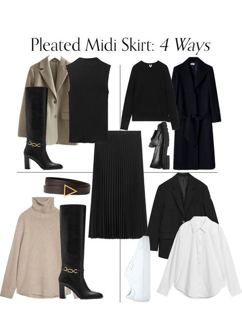 Winter Capsule Wardrobe With Skirts, Old Money Capsule Wardrobe Fall, Pleated Midi Skirt Outfit Winter, Black Midi Skirt Outfit Winter, 90s Girl Aesthetic, Midi Black Skirt Outfit, Easy Capsule Wardrobe, Aesthetic Capsule Wardrobe, Winter Midi Skirt Outfit