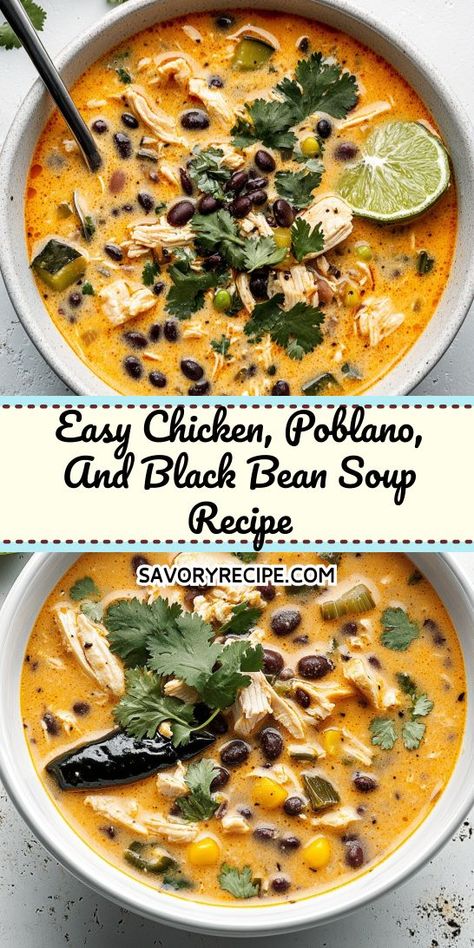 Looking for a delicious and hearty soup to warm your soul? This Easy Chicken, Poblano, and Black Bean Soup is packed with flavor and nutrition! Save this recipe for a quick weeknight meal that your family will love. Perfect for cozy nights and meal prep success! Creamy Chicken Poblano Soup, Creamy Chicken Poblano, Soup With Black Beans, Chicken Breast Soup, Chicken Poblano Soup, Chicken Poblano, Poblano Chicken, Poblano Soup, Black Bean Soup Recipe