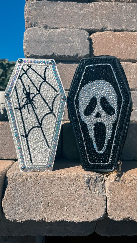 Coffin shaped rhinestones halloween crossbody purse 9x3x2 Hand placed rhinestones glass rhinestones for extra sparkle Bedazzle Ideas, Rhinestone Stuff, Coffin Bag, Bedazzled Stuff, Glam Halloween, Rhinestone Halloween, Rhinestone Designs Templates, Rhinestone Bag, Rhinestone Purse