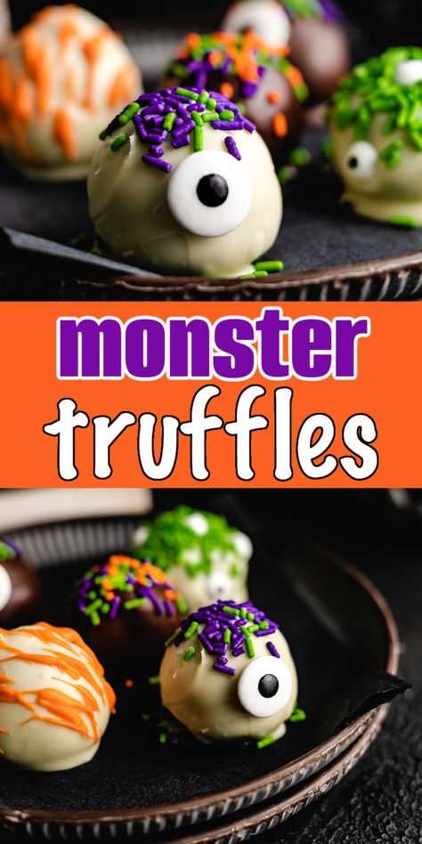 Two photos of monster truffles in a collage. Monster Cake Balls, Cake Balls Halloween, Oreo Halloween Treats, Cream Cheese And Peanut Butter, Halloween Cake Balls, Cake Mix Cream Cheese, Halloween Truffles, Candy Corn Recipe, Desserts Halloween