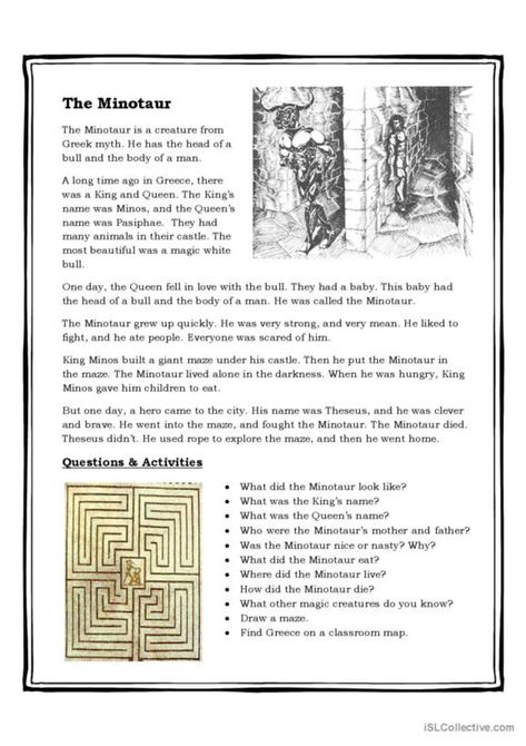 13 Greek mythology English ESL worksheets pdf & doc Greek Mythology Worksheets, Greek Mythology Lessons, Esl Reading, Comprehension Exercises, The Minotaur, Teacher Boards, Teacher Planning, Boys And Girls Club, Comprehension Worksheets