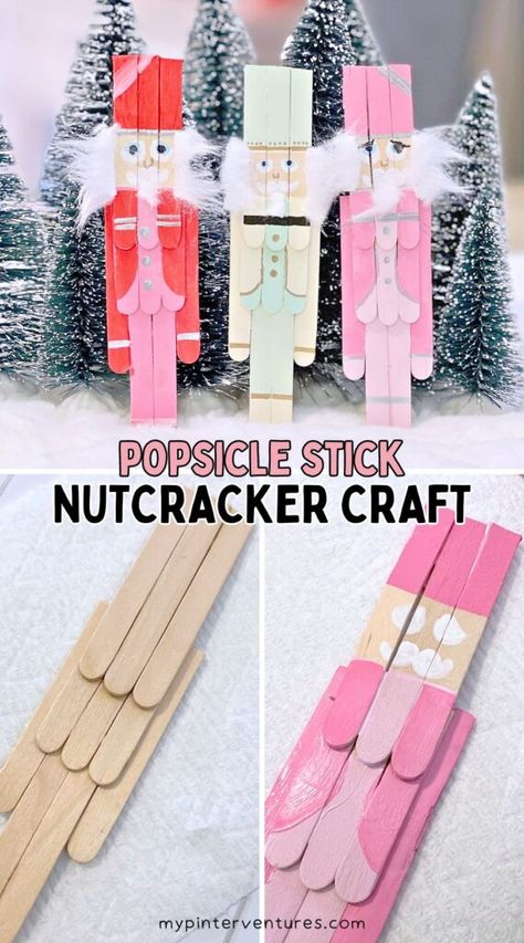 How to make Popsicle Stick Nutcrackers. A fun Christmas Craft to make holiday decorations or Christmas ornaments. Great craft to do with the family. #kidscrafts #christmas #nutcracker Christmas Crafts To Do With Family, Easy Christmas Crafts Popsicle Sticks, Arts And Crafts Christmas Decoration, Christmas Crafts Nutcracker, Diy Popsicle Stick Crafts Christmas, Classy Christmas Crafts Diy, Christmas Decor With Popsicle Sticks, Christmas Paint Brush Crafts, Christmas Popsicle Stick Crafts For Kids