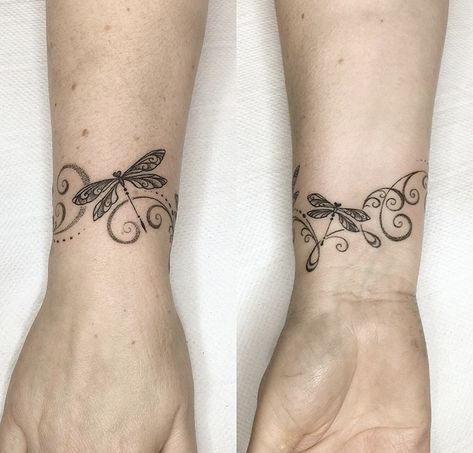 Dragonfly tattoo Wrist Cuff Tattoo, Bracelet Wrist Tattoo, Wrist Tattoos Girls, Small Dragonfly Tattoo, Dragonfly Tattoos, Wrist Bracelet Tattoo, Cuff Tattoo, Dragonfly Tattoo Design, Tattoo Wrist