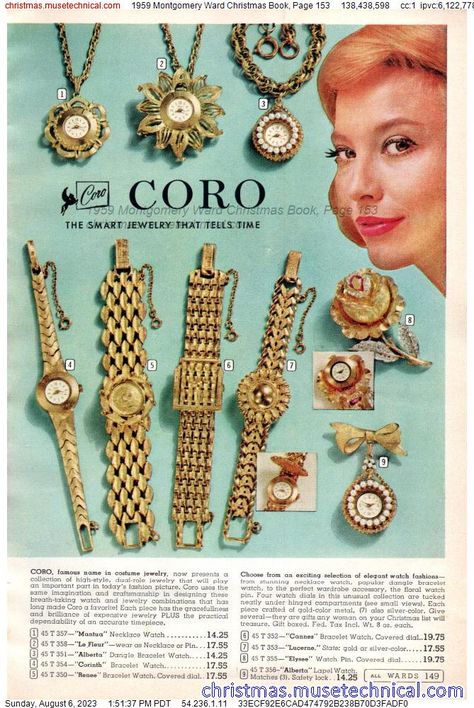 1959 Montgomery Ward Christmas Book, Page 153 - Catalogs & Wishbooks Jewellery Advertising, Floral Watches, Coro Jewelry, Dangle Bracelet, Smart Jewelry, Contemporary Embroidery, Jewelry Ads, Jewelry Catalog, Wardrobe Accessories