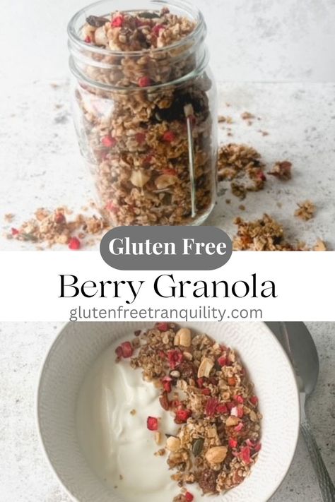 Berry granola in a mason jar. Granola Easy, Berry Granola, Gluten Free Granola, Homemade Gluten Free, Gluten Free Oats, Make Ahead Breakfast, Baking With Kids, Breakfast Options, Free Family