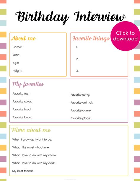 Toddler Birthday Traditions, Birthday Interview For Kids, Birthday Traditions For Kids, Birthday Questionnaire, Birthday Interview Questions, Birthday Interview Printable, Birthday Ideas For Kids, Wishlist Printable, Birthday Card Pictures