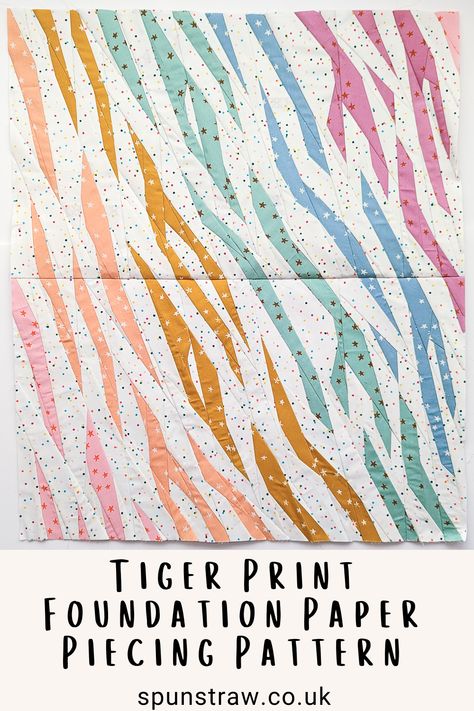 This Tiger Print foundation paper piecing pattern is a repeating block so when you make more than one it lines up and creates a seamless tiger print pattern! A single block is 24" x 14" and the pattern comes with instructions on how to create the ombre Lisa Frank quilt of your Millennial dreams! White Gecko, Tiger Quilt, Foundation Paper Piecing Tutorial, Stripe Quilt Pattern, Animal Print Quilt, Paper Piecing Tutorial, Traditional Quilt Patterns, Vintage Quilts Patterns, Paper Pieced Quilt Patterns