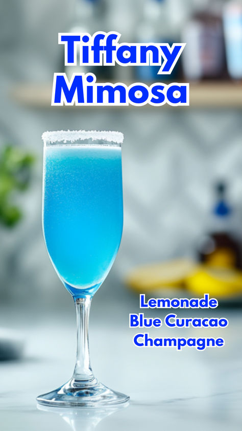 Tiffany Mimosa Loaded Mimosa, Dental Themed Cocktails, Tiffany Blue Mimosa, Blue Mother F Drink, Tiffany Mimosa Recipe, Blue Wedding Drinks, Blue Curacao Drinks Easy, Brunch Alcoholic Drinks, Tiffany Mimosa