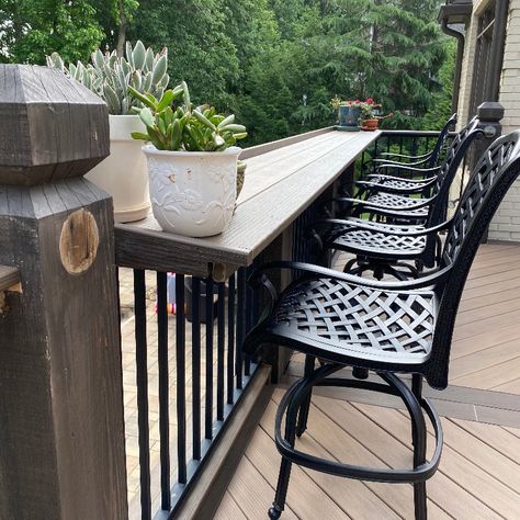 Converted existing deck railing and posts to a Timbertech outdoor bar top. Deck Drink Railing Ideas, Patio Railing Bar Top, Deck Bar Railing Ideas, Patio Railing Bar, Cocktail Railing Deck, Deck Bar Railing, Deck Drink Rail, Deck Rail Bar Top, Deck Railing Bar Top