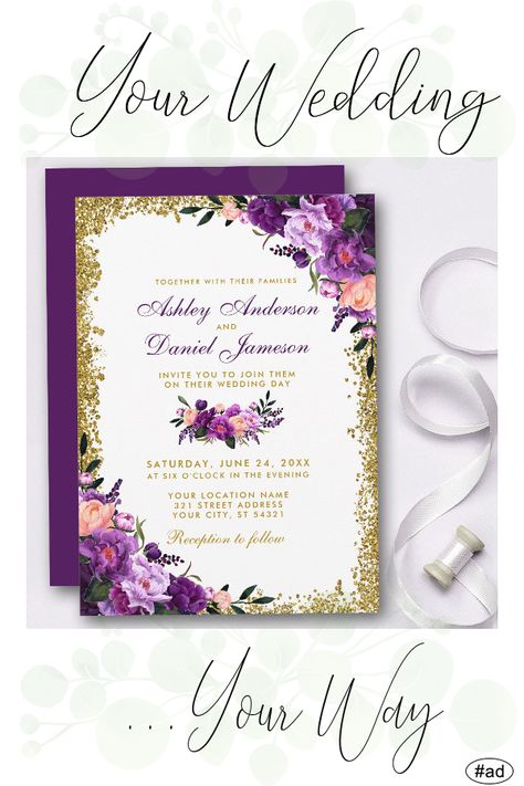 Violet And Gold Wedding, Purple And Gold Wedding, Gold Glitter Wedding, Pink And Gold Wedding, Glitter Wedding Invitations, Purple Wedding Invitations, Carton Invitation, Golden Wedding, Glitter Wedding