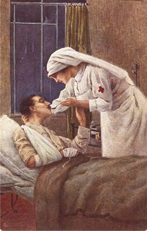 White female nurse holding a spoon to the mouth of a wounded White male soldier in bed. Ww1 Posters, Herbs Image, Female Nurse, Male Soldier, Nurse Art, Digital Gallery, Florence Nightingale, Vintage Nurse, Birds In The Sky