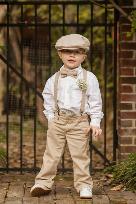 Ring bearer Groomsmen Newsboy Hats, Ring Bearer Khaki Pants, Cottagecore Ring Bearer, Champagne Ring Bearer Outfit, Tan Ring Bearer Suit, Bearers Outfit Wedding, Ring Barrier Ideas Boys, Ring Bearer Fall Wedding, Boho Ring Bearer Outfit