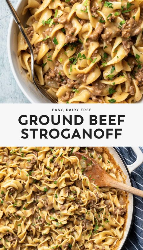 Even if you don’t have steak, you can still enjoy the flavors of this traditional Russian dish. This easy, ground beef stroganoff recipe features a creamy, meaty sauce served over egg noodles, and it comes together in just 30 minutes. Plus, I’ve made it dairy free by swapping the sour cream for a plant-based alternative. Ground Beef Stroganoff Recipe, Easy Ground Beef Stroganoff, Dairy Free Cooking, Dairy Free Meals, Resep Pasta, Beef Stroganoff Recipe, Dairy Free Recipes Dinner, Ground Beef Stroganoff, Dairy Free Dinner