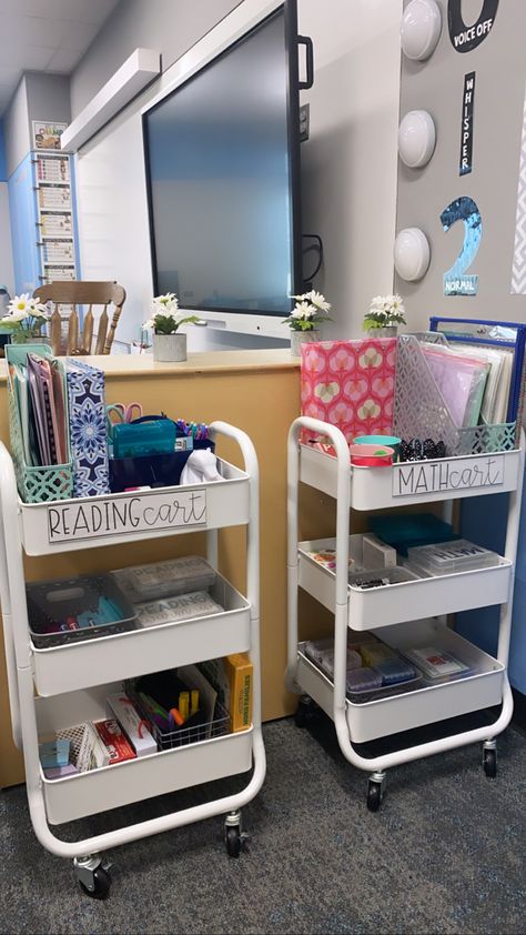 Grade 1 Classroom Organization, Classroom Carts Ideas, Three Tier Cart Classroom, Student Supply Cart, Teacher Desk Small Space, 3 Tier Cart Organization Classroom, Teacher Bookshelf Organization, Organization In Classroom, Classroom Rolling Cart Ideas