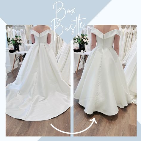 Box Bustle on a plain dress! 🪡 Thank you for all the love for yesterday’s post about the lace box bustle! Here is another, this one on a beautiful plain satin gown. Now I have to come clean here… I always give my brides a few ideas of bustles that might work, and suggest they do a bit of Pinterest or Insta research if they’re not sure. This awesome bride did exactly that and came back with the idea for this box bustle! And isn’t it just amazing on her gown?! So a huge THANK YOU to the bride... Hidden Bustle Wedding Dress, A Line Bustle, Side Bustle Wedding Dress, French Bustle Wedding Dress, Bustle Wedding Dress Styles, Ball Gown Bustle, French Bustle, Dress Bustle, Different Types Of Dresses