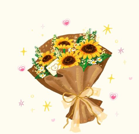 Sunflower Sticker Aesthetic, Something Yellow Drawing, Strawberry And Sunflower, Flower Bouquet Aesthetic Drawing, Sunflower Bouquet Drawing, Sunflower Drawing Aesthetic, Sunflower Sticker, Bouquet Of Flowers Drawing, Cute Flower Drawing