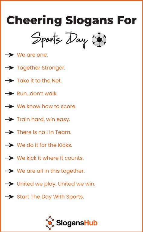 Cheering slogans for Sports Day are the best way to promote the hard work of champions. A stronger, powerful slogan motivates them to compete with their opponent in all situations.  So show your care and love to your team by using cheering slogans for sports days.  We are one. Together Stronger. Take it to the Net. School Traditions, Slogan Ideas, Sports Slogans, Team Slogans, Business Slogans, Catchy Slogans, Sports Day, Perfect Word, Sports Decorations