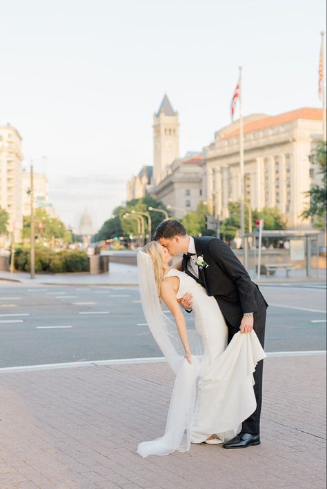 Groom dips bride for a kiss on a crosswalk in Washington, DC with the US Capitol in the background The Willard Hotel Washington Dc, Hotel Washington Dc, Washington Dc Hotels, Reception Outfit, Intercontinental Hotel, The Last Song, White And Blue Flowers, Cardboard Cutout, On Writing