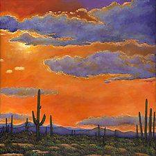 Saguaro Sunset by Johnathan Harris (Giclee Print) (24" x 24") Landscape Pics, Southwestern Art, Landscape Quilts, Hur Man Målar, Desert Painting, Southwest Art, Sunset Canvas, Sunset Painting, Art Landscape