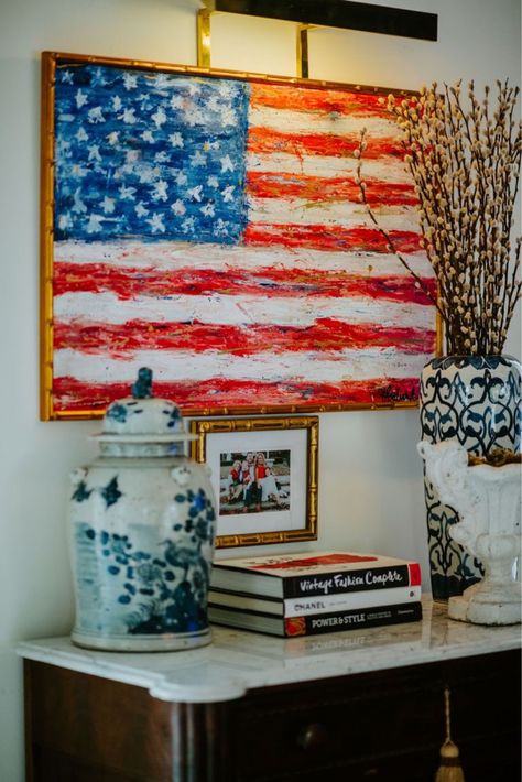 Chinoiserie Interior Design, American Flag Artwork, Chinoiserie Interior, Patriotic Home Decor, Flag Artwork, American Flag Decor, Pink Door, Enchanted Home, Flag Art