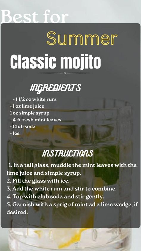 Easy Mojito Recipe, Mojito Recipes, Mojito Recipe Classic, Summer Recipe Ideas, Christmas Cocktails Easy, Mojito Ingredients, Classic Mojito, Cocktails Easy, Alcohol Beverages