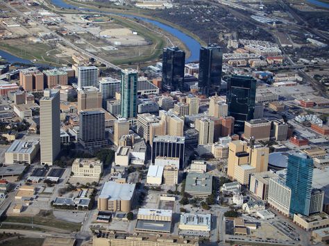 Skyline of downtown Fort Worth with trinity river in background taken from high in the sky aboard an airplane with fort worthian photographer ( Brian L. ) Fort Worth Skyline, Downtown Fort Worth, Fort Worth, San Francisco Skyline, The Sky, Panther, New York Skyline, City Photo, Fort