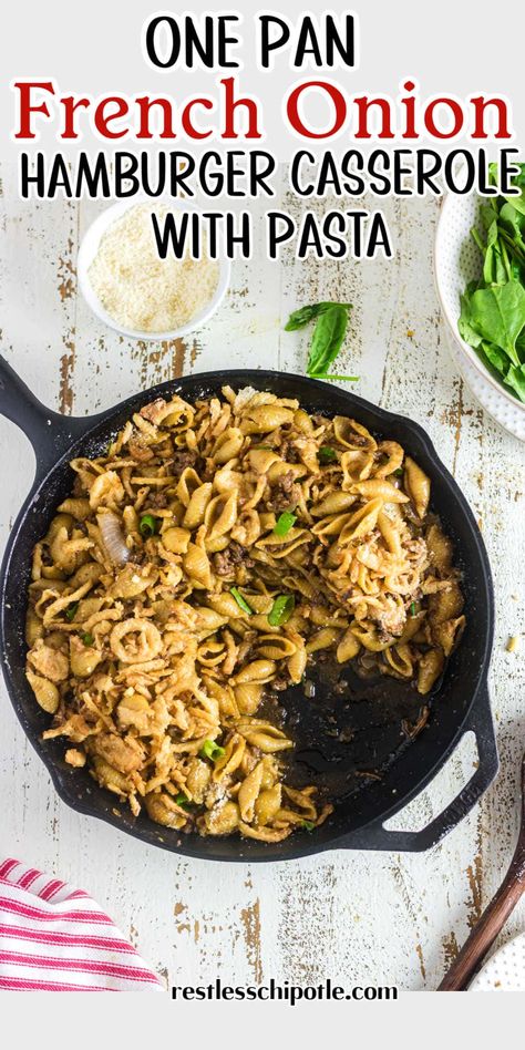 You'll love the cozy, heartwarming flavors of my one pot French Onion Hamburger Casserole. This dish is a melty, savory masterpiece, marrying the rich tastes of French onion soup with the simplicity of a classic burger. Perfect for a weeknight dinner or a special occasion, it's a crowd-pleaser! French Onion Hamburger Casserole, Ground Beef Noodle Casserole, French Onion Beef And Noodles, French Onion Ground Beef, French Onion Casserole, Easy Hamburger Casserole, Beef Noodle Casserole, Onion Soup Mix Recipe, Farmhouse Recipes