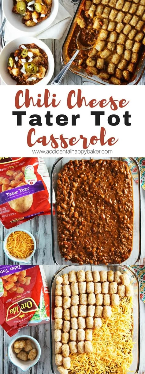 Chili Cheese Tater Tot casserole is an easy make ahead weeknight meal. A hearty beef and bean chili base is topped with gooey melted cheddar cheese and finished with crispy tater tots. Chili Cheese Tater Tot Casserole, Cheese Tater Tot Casserole, Bacon Tater Tots, Chili Cheese Tater Tots, Tots Recipes, Chili Base, Beef And Bean Chili, Breakfast Crockpot, Hamburger Meals