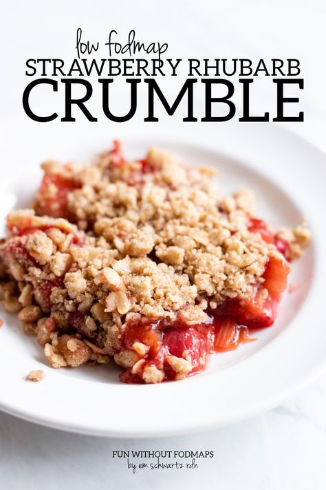 This Low FODMAP Strawberry Rhubarb Crumble (or Crisp) is my take on the classic sweet-tart dessert. It's made with less sugar and a boost of fiber from optional chia seeds. Enjoy it warm, maybe with a scoop of lactose-free vanilla ice cream. #lowfodmap #dessert #rhubarb #crumble Rhubarb Crisp Recipe, Rhubarb Desserts Recipes, Rhubarb Recipes Crisp, Strawberry Rhubarb Crumble, Easy Summer Dessert Recipes, Raspberry Rhubarb, Strawberry Rhubarb Crisp, Rhubarb Desserts, Rhubarb Crisp