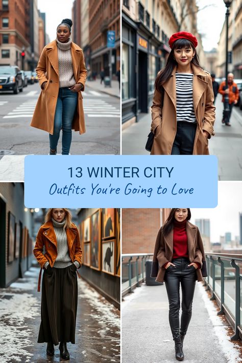 You've got to check out these 13 Winter City Outfit Ideas to level up your winter wardrobe! Imagine strolling through the city in a timeless camel coat over your cozy knitwear or channeling that Parisian vibe with a stylish red beret. From suede jackets paired with a chic jumper and maxi skirt to sleek faux leather pants topped with a cropped coat, these outfits will keep you warm and fashionable. Perfect for city outings or casual hangouts, these outfit ideas will have you excited for winter days ahead! Day In The City Outfit Winter, Winter Outfits For The City, Winter In The City Outfits, Denver Winter Outfit, Winter Amsterdam Outfits, Prague Winter Outfit, Camel Peacoat Outfit, Winter City Outfit, City Outfit Winter