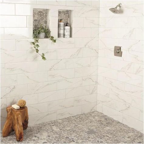 Stone Shower Floor, Master Shower Tile, Pebble Shower Floor, Marble Shower Tile, Rock Tile, Subway Tile Showers, Pebble Floor, Interlocking Deck Tiles, Fireplace Facade