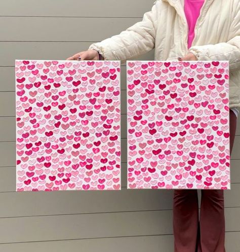 Heart On Canvas, Set Of 3 Paintings, Aesthetic Pink Painting, Easy Heart Paintings On Canvas, Easy Pink Paintings, Heart Canvas Painting, Cute Pink Paintings On Canvas, Hearts Painting, Canvas Painting Ideas Galentines