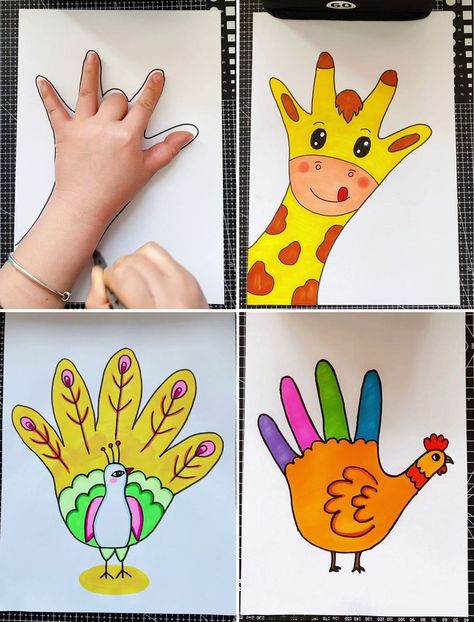 Animal Hand Drawing, Hand Animals Drawing, Kids Drawing Activities, Kids Animal Drawing, Creative Animal Drawings, How To Draw Animals For Kids, Kids Drawings Easy, Drawing For Preschoolers, Drawing Ideas Easy Kids