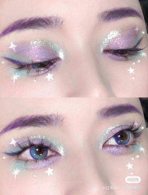 Purple Star Makeup, Space Inspired Makeup, Purple Mermaid Makeup, Eye Makeup Concert, Make Up Eye Looks, New Year Make Up, Soft Glitter Eye Makeup, Purple Blue Makeup, Eye Makeup For Small Eyes