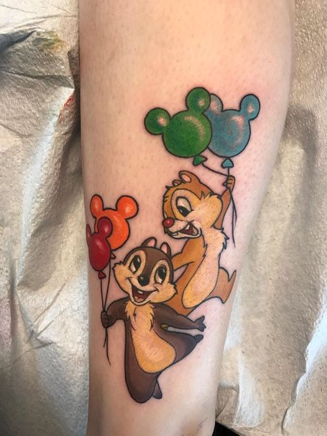 Disney Related Tattoos, Chip And Dale Tattoo Ideas, Colorful Disney Tattoos, Chip N Dale Tattoo, Disney Character Tattoos Ideas, Malamute Tattoo, Disney Sidekicks Tattoo, Chip And Dale Tattoo, Disney Tattoo Sleeve