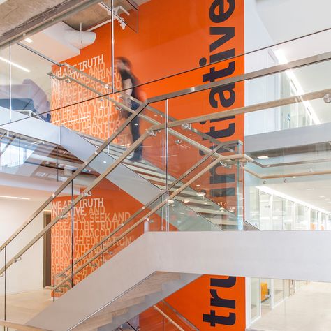 A Moment of Truth: Environmental Graphics in Truth Initiative's Headquarters Stairs Graphic, Athletic Branding, Classical School, Experiential Graphics, Office Graphics, Sport Science, Signs Design, City School, Stair Wall