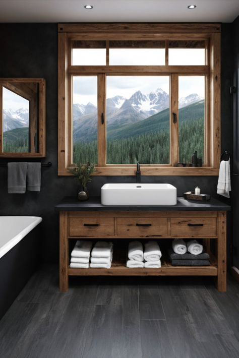 Bring the cozy sophistication of a mountain retreat into your bathroom with dark pine elements and rugged black slate surfaces. Alpine luxury at home. #MountainStyle #LodgeDesign #RusticLuxury Mountain Modern Half Bath, Mountain Theme Bathroom, Modern Cabin Bathroom Ideas, Modern Lodge Bathroom, Dark Rustic Bathroom, Rustic Interior Design Bathroom, Slate Bathroom Ideas, Mountain Lodge Bathroom, Lodge Style Bathroom