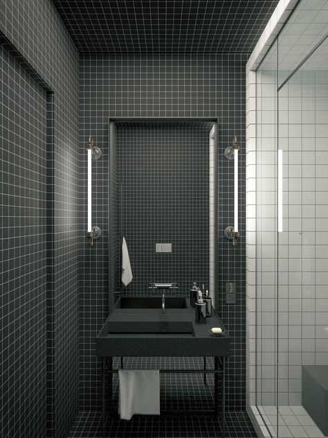 Modern Decor Meets Classical Features in Two Transitional Home Designs Transitional Home Design, Gray Shower Tile, Black And White Tiles Bathroom, Transitional Farmhouse, White Bathroom Tiles, Bad Inspiration, Transitional Bathroom, Black And White Tiles, 아파트 인테리어