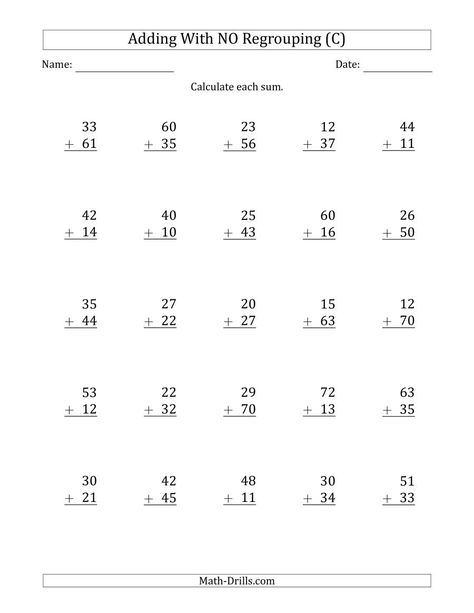 The 2-Digit Plus 2-Digit Addition with NO Regrouping (C) Math Worksheet from the Addition Worksheets Page at Math-Drills.com. Addition With Regrouping Worksheets, Present Perfect Simple, Math Subtraction Worksheets, Math Fact Worksheets, Touch Math, Numbers To 20, Kindergarten Addition Worksheets, 25 Questions, Math Addition Worksheets